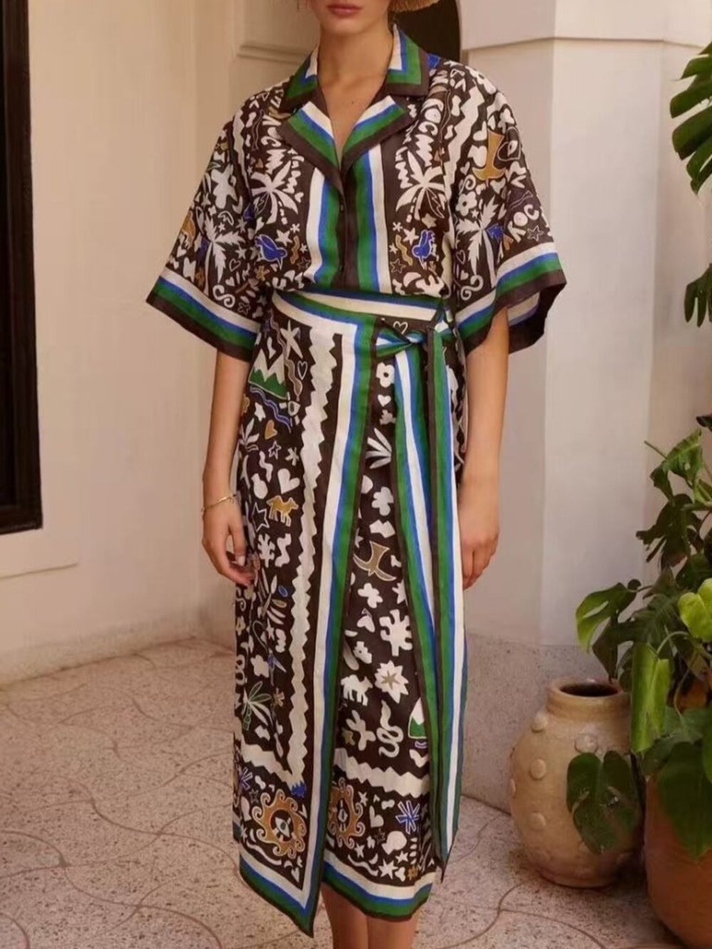 Zimmermann Printed Brown Wrap Skirt and Matching Shirt Set with Green Accents